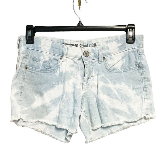Mossimo Supply Co Juniors  Mid Rise Fray Hem Bleached Tie Dye Denim Shorts Sz 9 - Picture 1 of 7
